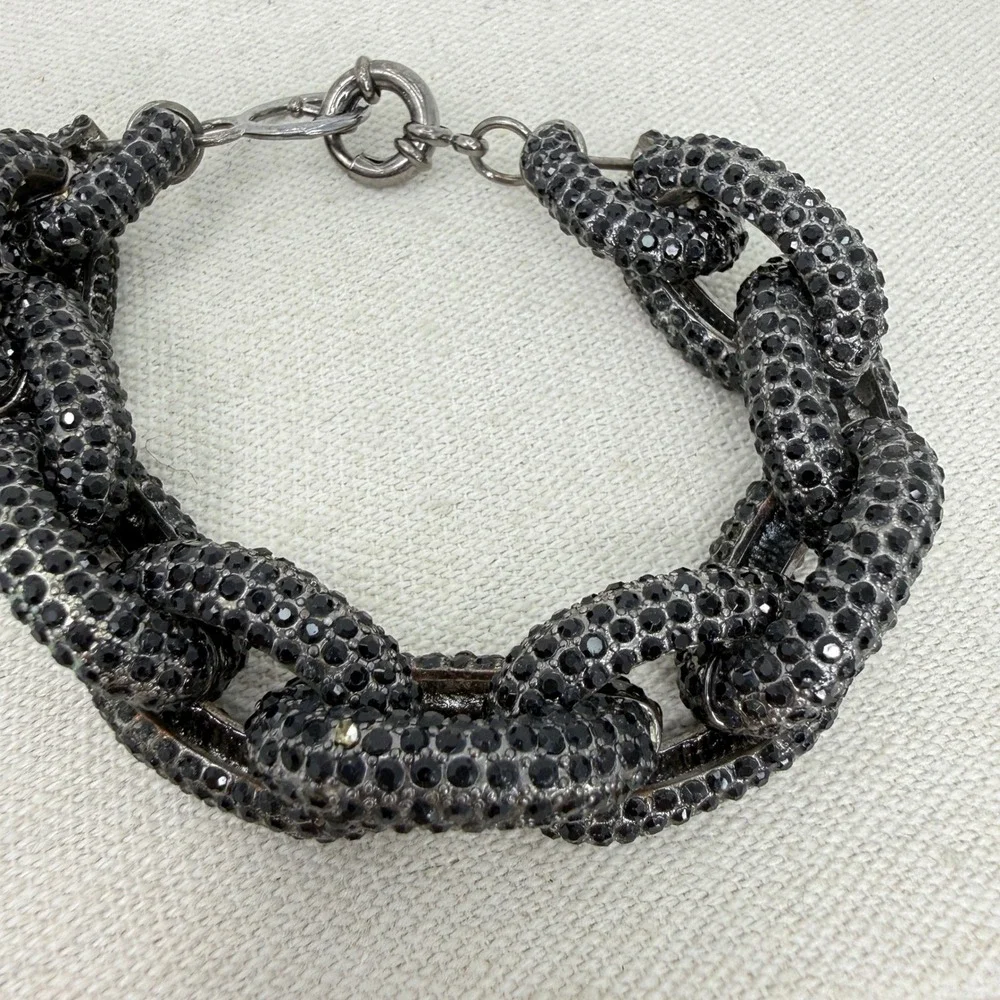 Chunky Link Bracelet Black Rhinestone Silver Tone Statement Bold‎ Sparkle